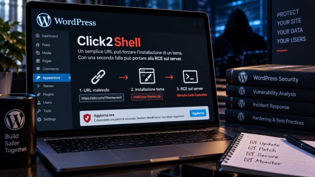WordPress Click2Shell installa temi senza consenso e può arrivare alla RCE 2 wordpress click2shell