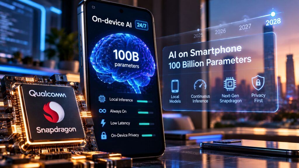 Qualcomm: aziende AI preparano telefoni con modelli da 100 miliardi 2 AI sul dispositivo 100B di parametri nel 2028