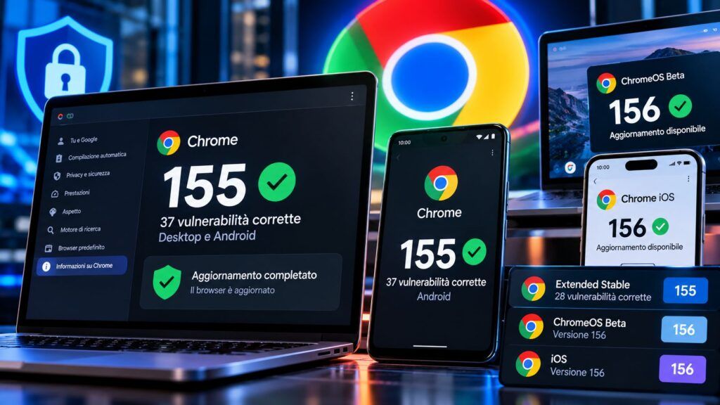 Chrome 155 chiude 37 falle, ChromeOS e iOS corrono già sulla 156 2 Aggiornamenti Chrome su piu dispositivi