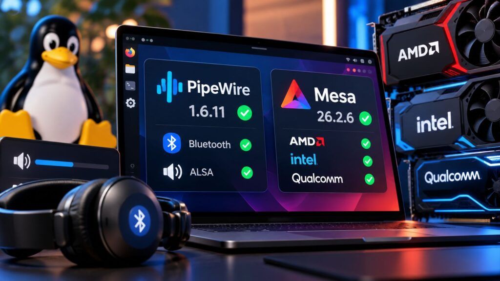 PipeWire 1.6.11 e Mesa 26.2.6 aggiornano audio e GPU su Linux 2 Aggiornamenti Linux tra audio e grafica