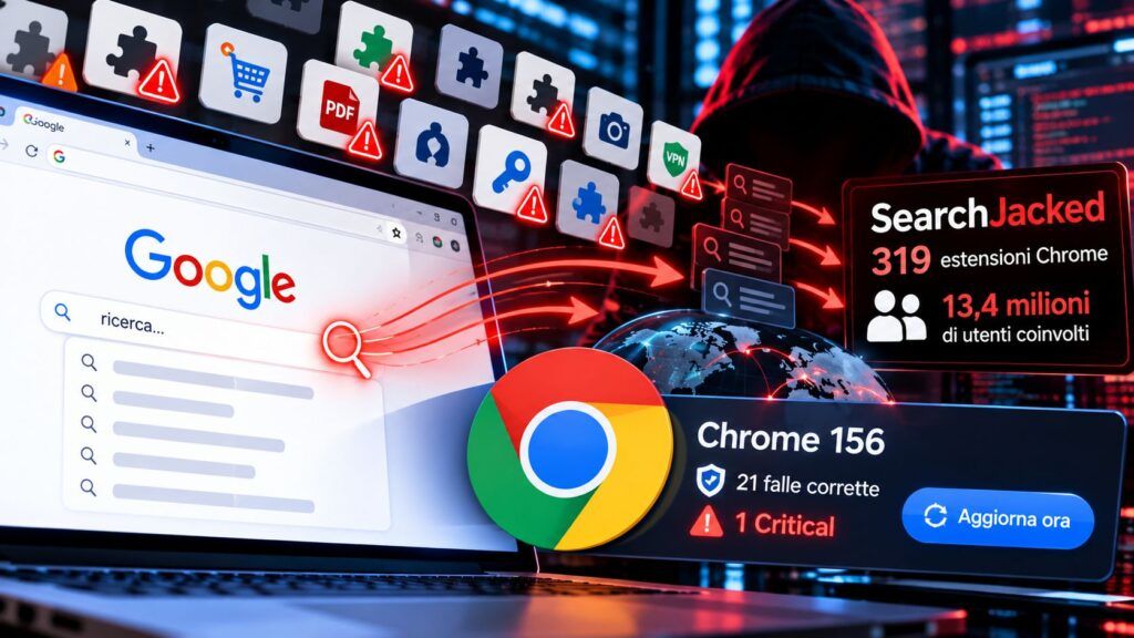 SearchJacked dirotta 13 milioni di utenti, Chrome chiude 21 falle 2 Allerta Chrome estensioni compromesse e dati a rischio