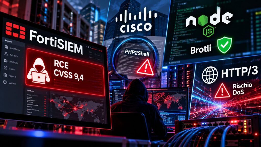 FortiSIEM espone una RCE con exploit pubblico, Cisco indaga PHP2Shell 2 Allerta Cybersecurity RCE DoS e Rischi di Rete