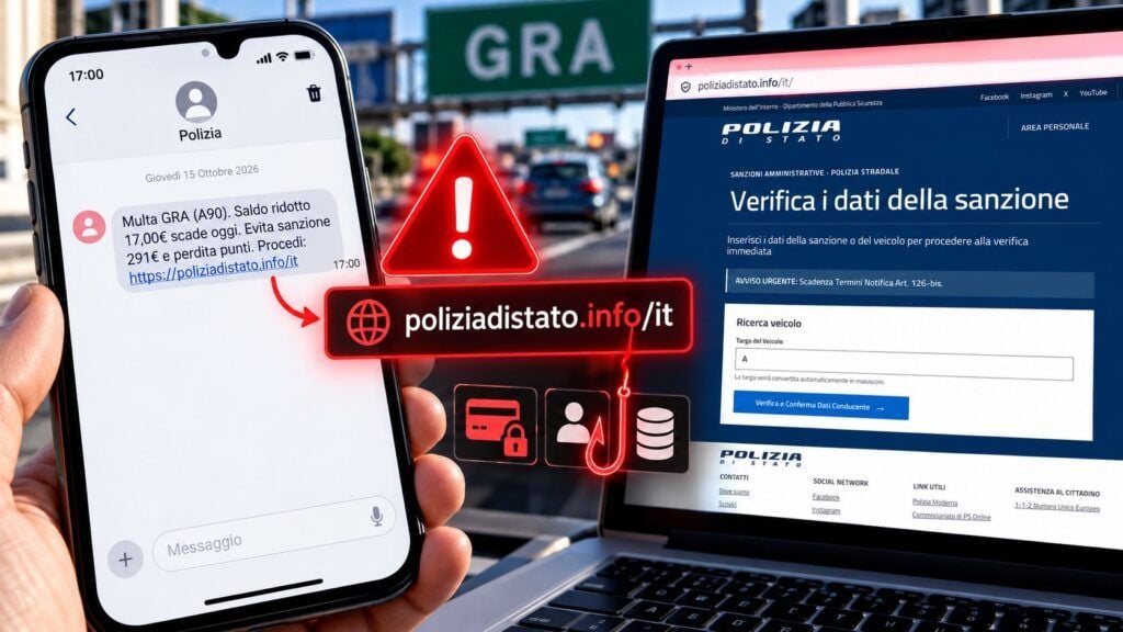 False multe via SMS, CERT-AgID segnala il falso sito della Polizia 2 Allerta phishing falsa multa GRA