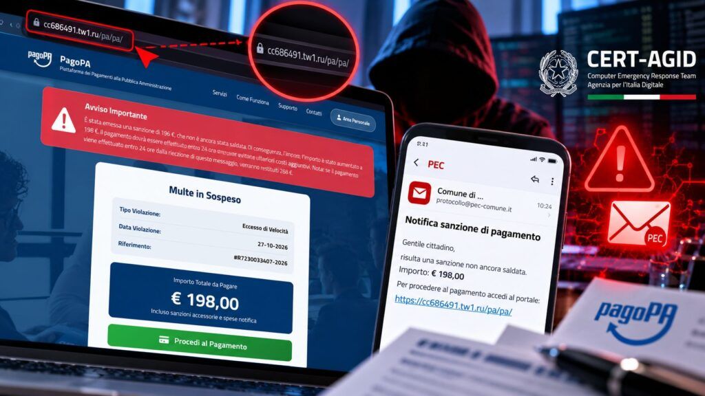PagoPA, phishing via PEC compromesse: false multe da 198 euro 2 Allerta phishing falsa multa PagoPA