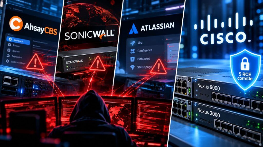 Ahsay, SonicWall e Atlassian sotto attacco: Cisco corregge Nexus 2 Attacchi informatici e patch critiche