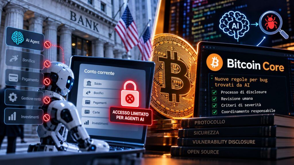 Banche USA bloccano gli agenti AI, Bitcoin Core accelera le patch 2 Banche e Bitcoin nuove regole AI