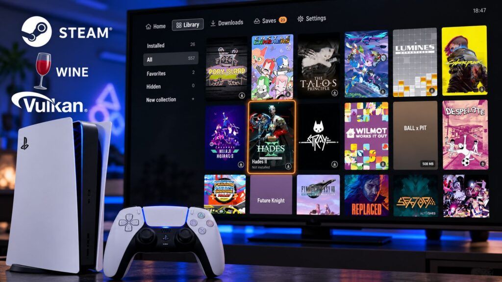 PlayStation 5 esegue giochi Steam con Playden: cosa funziona davvero 2 Biblioteca gaming neon con PS5