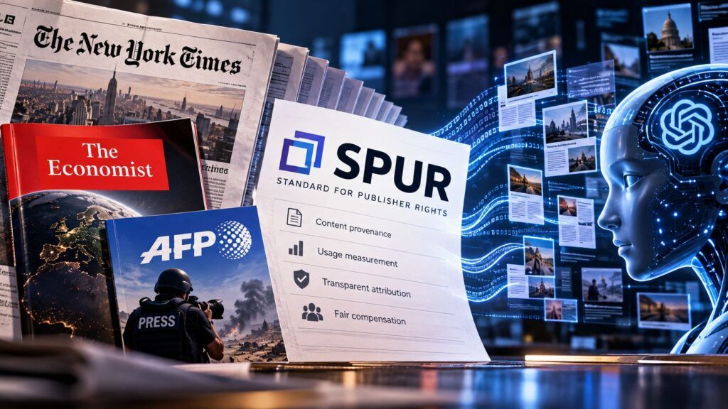 SPUR sfida l’AI gratis: NYT, Economist e AFP chiedono licenze misurabili 2 Collage editoriale tra stampa e intelligenza artificiale