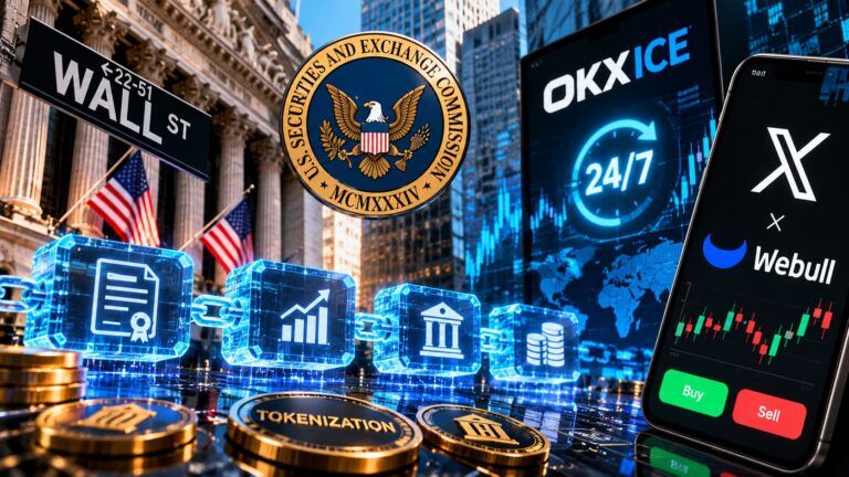 Collage futuristico di Wall Street e blockchain