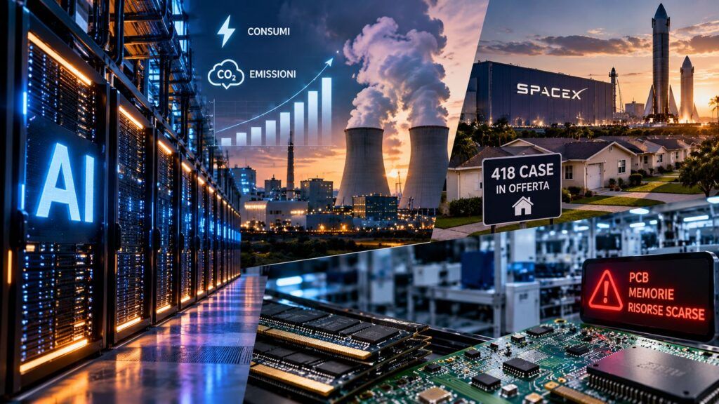 Data center AI: emissioni record, SpaceX e 418 case sotto pressione 2 Collage futuristico tra IA energia e chip