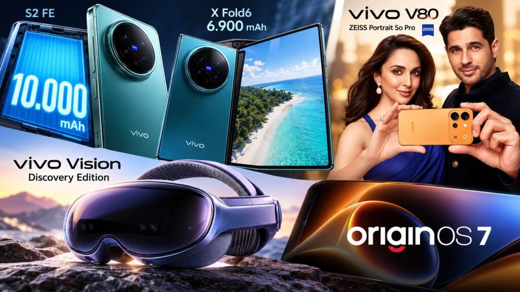 Vivo NEXT 2026 spinge le batterie: S2 FE 10.000 mAh, X Fold6 6.900 mAh e c'è anche il visore 2 Collage tecnologico vivo NEXT 2026