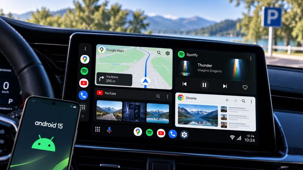 Android Auto Maker porta le app sul display: limiti e rischi 2 Dashboard Android Auto con vista sul lago