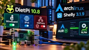 DietPi 10.8 gestisce WireGuard e Shelly 3.1.9 rafforza AUR su Arch Linux