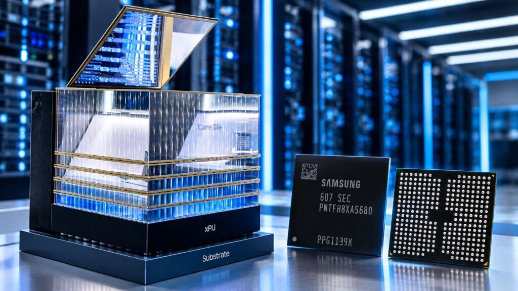 Samsung porta gli SSD AI a 256 TB: il nuovo collo di bottiglia è lo storage 2 Dimostrazione futuristica di chip e substrati