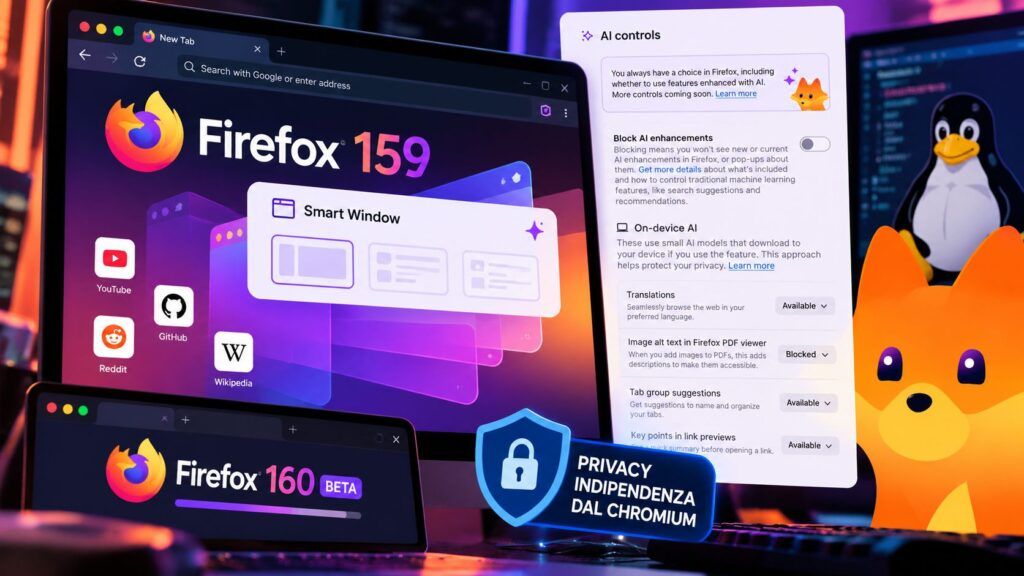 Firefox 159 e 160 beta: Mozilla rilancia privacy e AI contro Chromium 2 Firefox privacy AI e Linux in primo piano