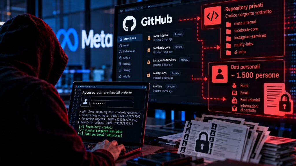 Meta, hacker rubano codice sorgente e dati personali di 1.500 dipendenti da repository GitHub privati 2 Illustrazione di violazione informatica di Meta e GitHub