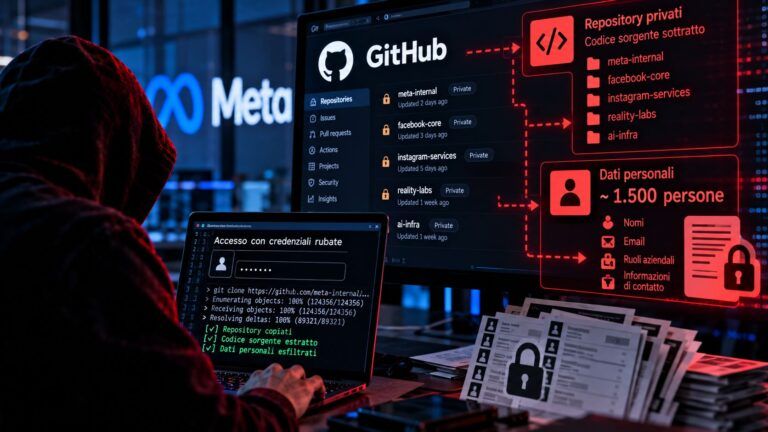 Illustrazione di violazione informatica di Meta e GitHub