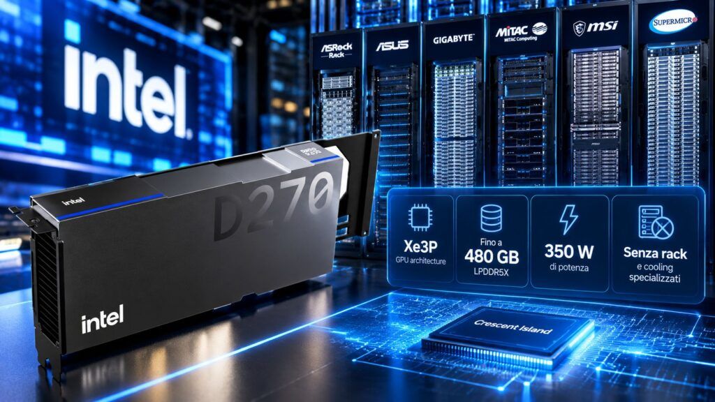 Intel D-Series porta 480 GB in una GPU da 350 watt per l’inferenza AI 2 Intel D270 potenza AI futuristica