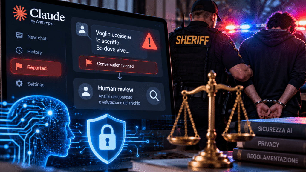 Claude segnala una chat alla polizia: arresto dopo le minacce all’AI 2 Interfaccia AI sicurezza e giustizia