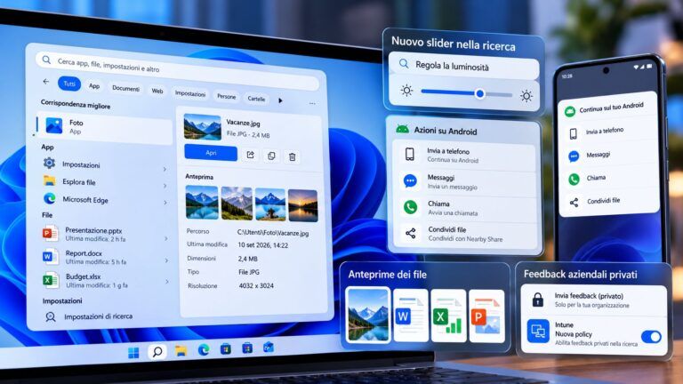Interfaccia Windows 11 con ricerca avanzata
