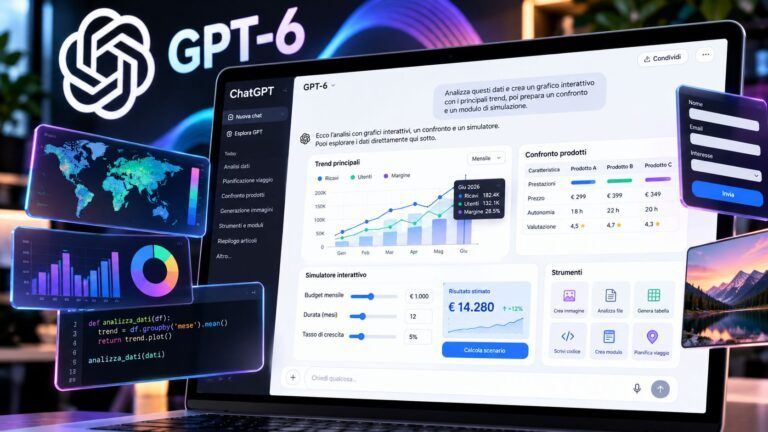 Interfaccia futuristica GPT 6 con grafici e widget