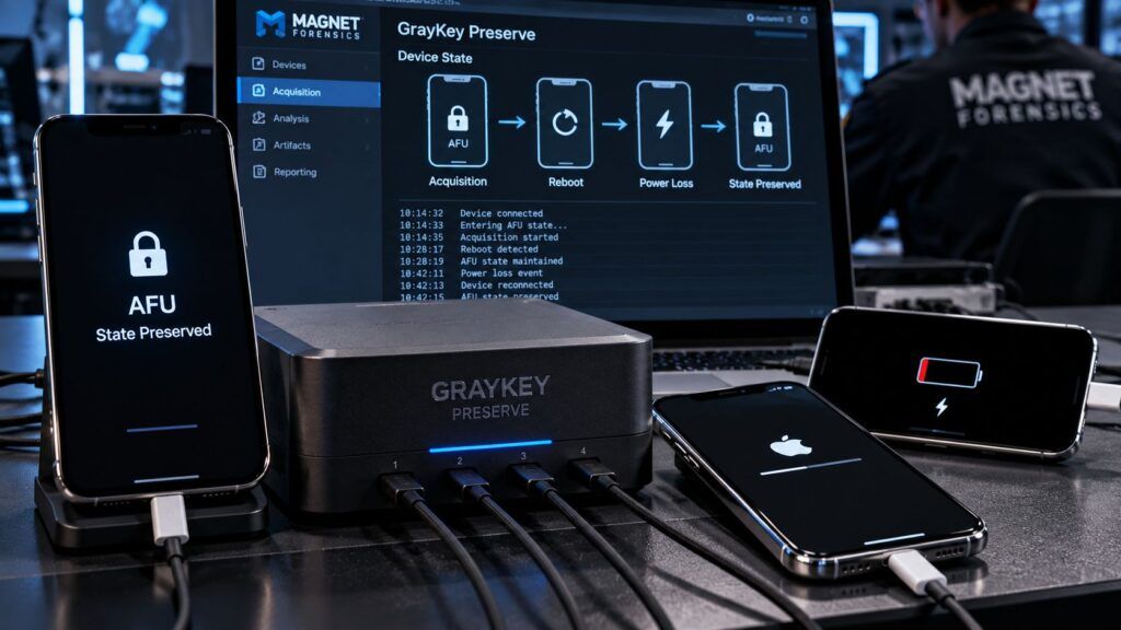 GrayKey Preserve sfida il riavvio iPhone: cosa mostra il video trapelato 2 Laboratorio forense GrayKey e iPhone AFU