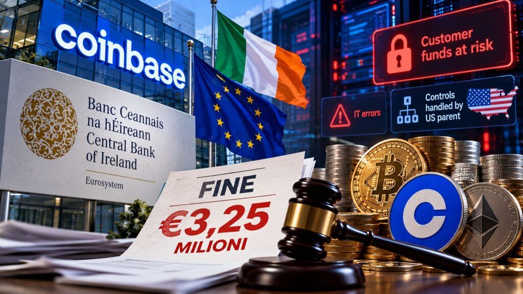 Coinbase Irlanda multata per 3,25 milioni: fondi clienti scoperti 2 M325 milioni e sicurezza Coinbase