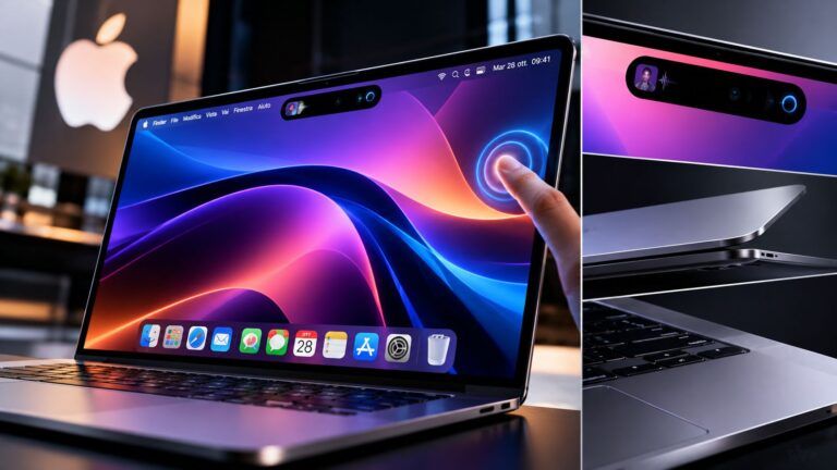 MacBook OLED tra onde neon e dettagli premium