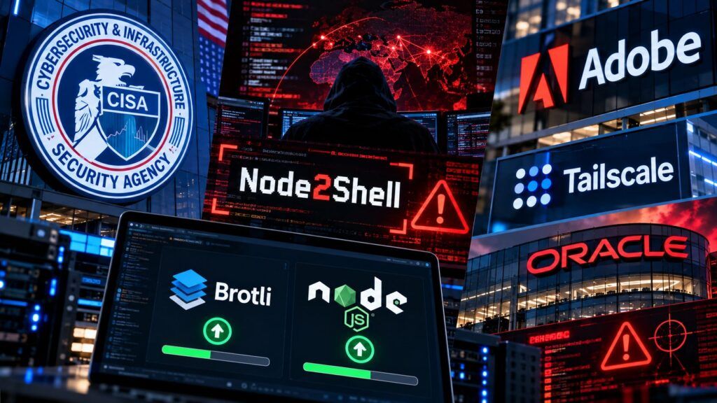 Node2Shell entra nel KEV CISA: patch urgenti per Adobe e Tailscale 2 Montaggio cinematografico di un attacco informatico globale