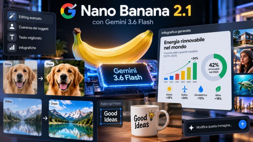 Nano Banana 2.1 migliora editing e infografiche con Gemini 3.6 Flash 2 Nano Banana 2.1 editing intelligente