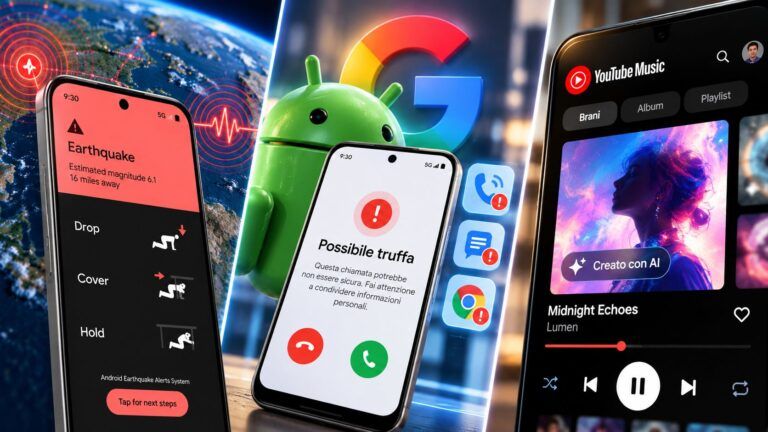 Novita Android terremoti truffe e musica AI