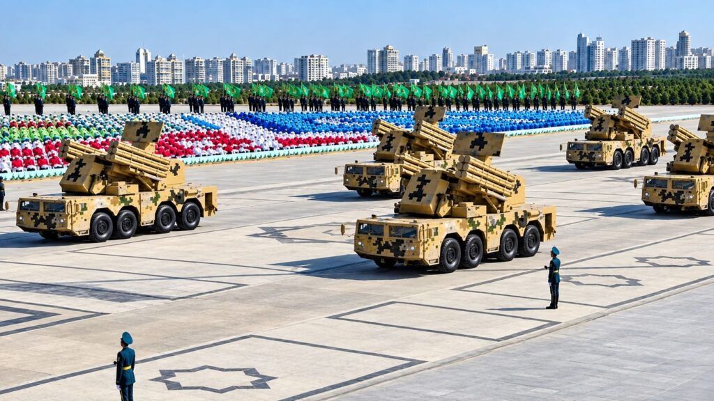 Turkmenistan sceglie la difesa aerea cinese e riduce lo spazio russo 2 Parata militare con lanciarazzi e bandiere verdi