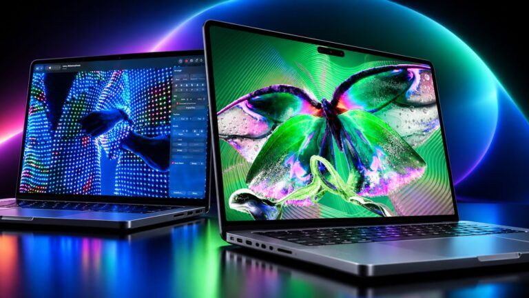 Pubblicita futuristica con MacBook iridescenti
