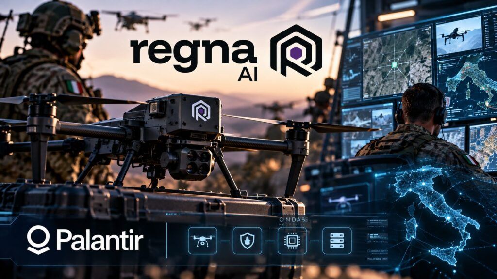 Palantir porta l’AI sovrana nella difesa: Regna opera anche senza rete 2 Regna AI comando e droni al tramonto