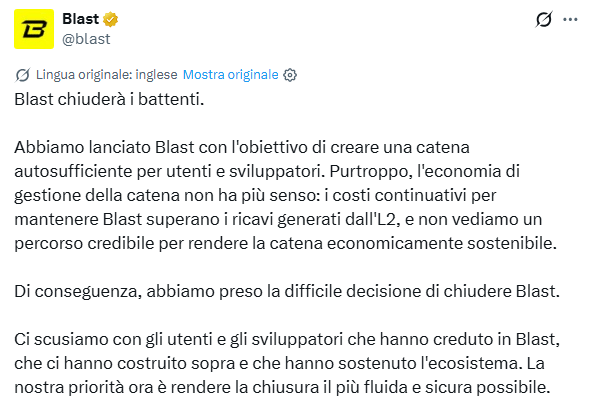 Blast chiude la Layer 2 Ethereum: i ricavi non coprono più i costi 3 Screenshot 2026 10 03 085845