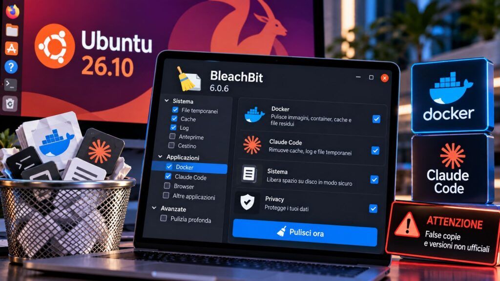 BleachBit 6.0.6 arriva su Ubuntu 26.10: corretti i permessi sudo e Docker 2 Scrivania Ubuntu con pulizia BleachBit