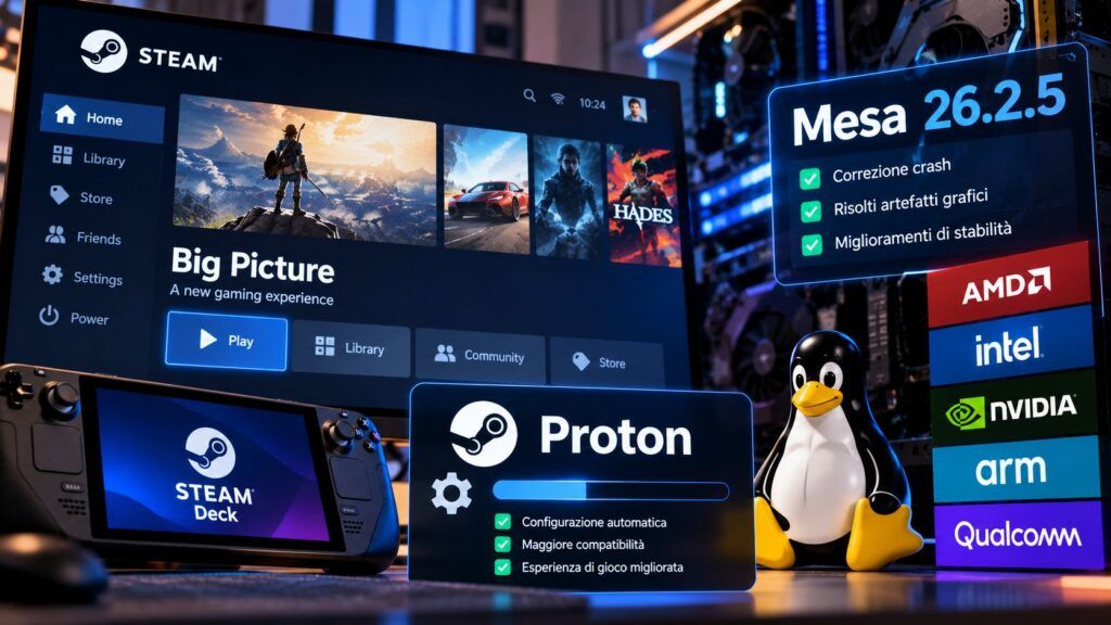 Steam migliora Linux, Mesa 26.2.5 rafforza lo stack Vulkan 2 Setup Gaming Linux Steam Proton e Mesa