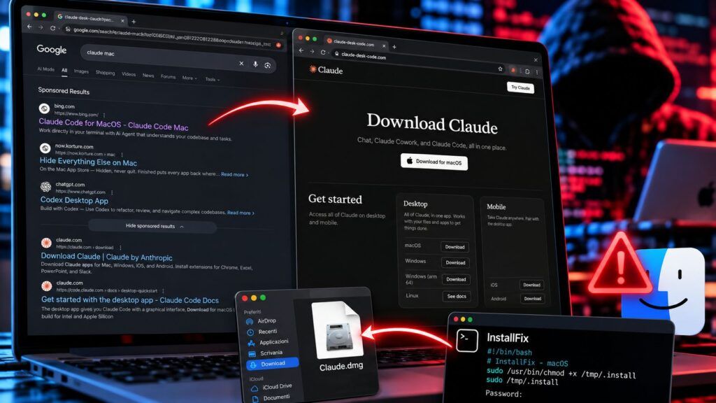 Adception usa Bing dentro Google Ads: falso Claude elude i controlli 2 Truffa Claude il falso download macOS