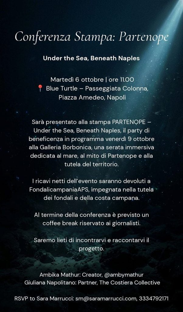 Partenope porta il mare nella Galleria Borbonica: party benefico per i fondali di Napoli 3 WhatsApp Image 2026 10 04 at 13.22.12