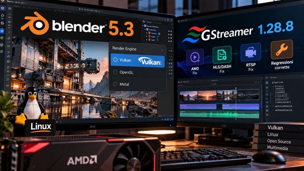 Blender 5.3 passa a Vulkan su Linux, GStreamer 1.28.8 sistema AV1 2 Workspace Linux e Multimedia in Evoluzione 1
